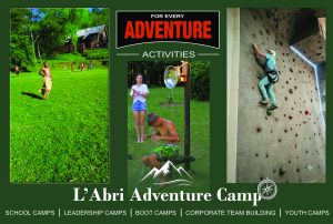 L'Abri Adventure Camp activity collage featuring sack racing, outdoor water fun, and indoor rock climbing wall